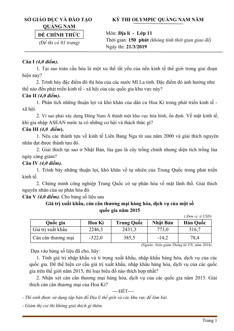 Đề Thi Olimpic Môn Địa 11 Sở GD&ĐT Quảng Nam 2019