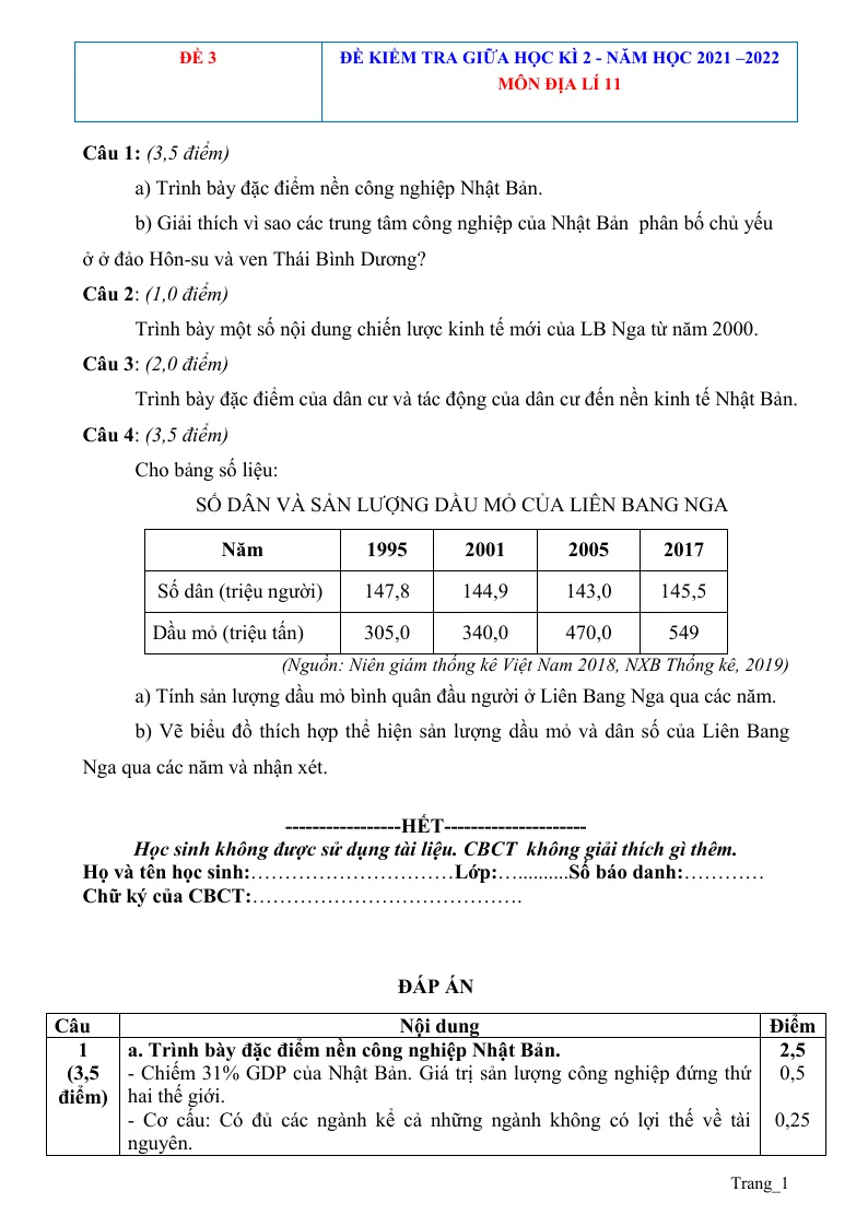 Đề Thi Giữa Học Kỳ 2 Địa 11 Có Đáp Án (Đề 3)