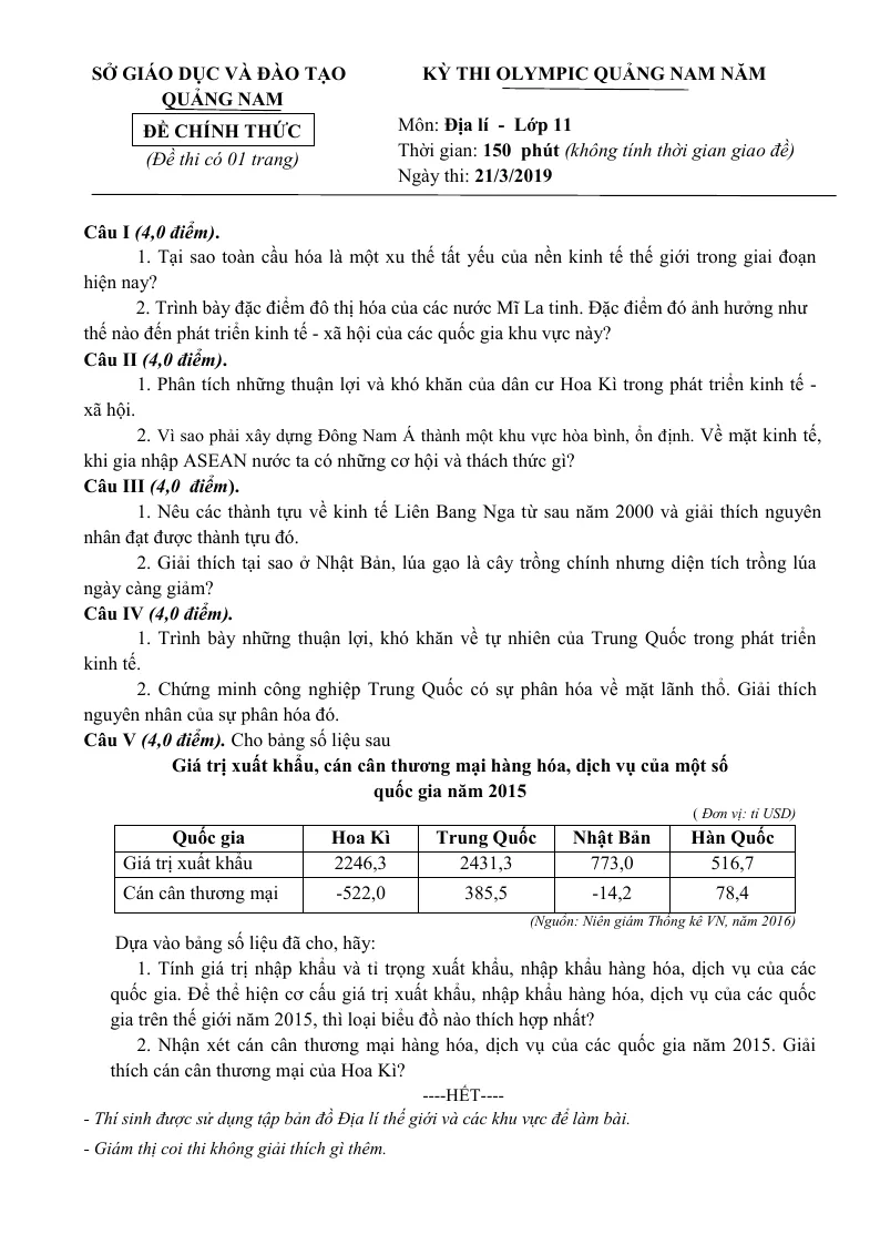 Đề Thi Olimpic Môn Địa 11 Sở GD&ĐT Quảng Nam 2019
