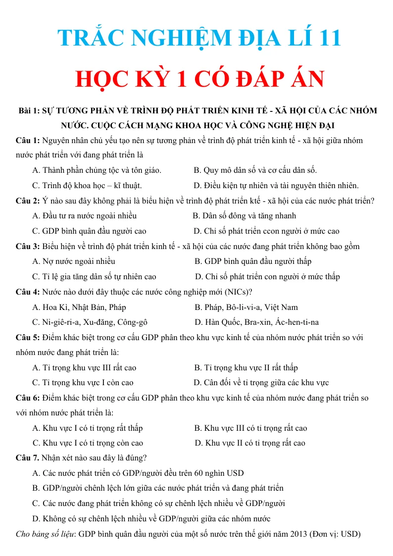 Trắc Nghiệm Địa Lí 11 Học Kỳ 1 Theo Từng Bài Học