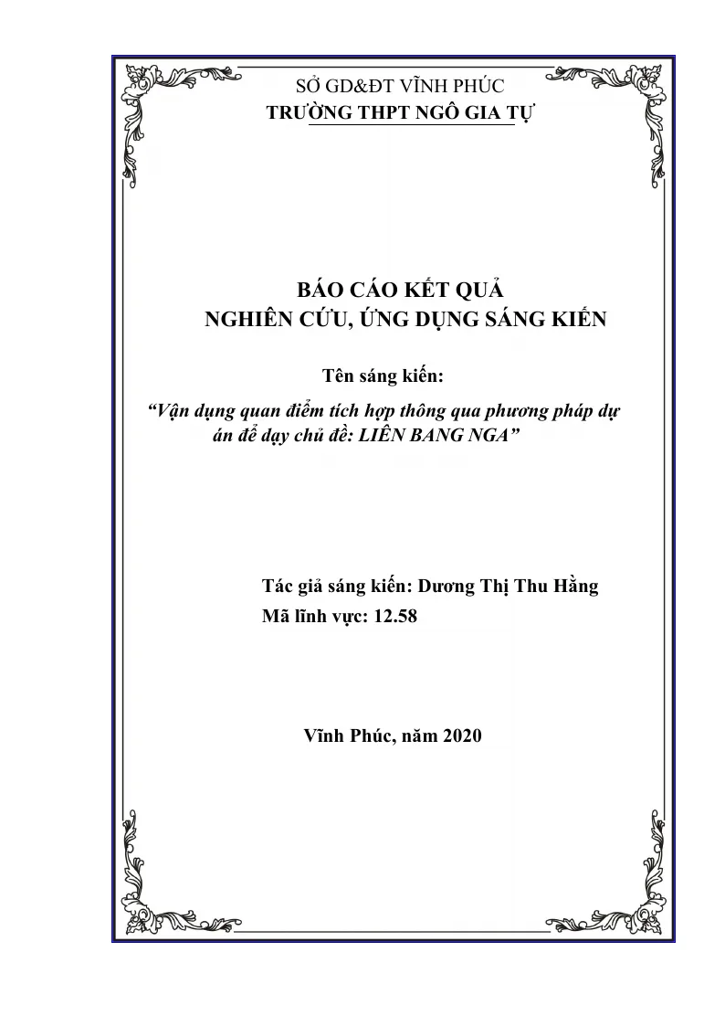 SKKN: Vận dụng quan điểm tích hợp thông qua phương pháp dự án để dạy chủ đề: LIÊN BANG NGA