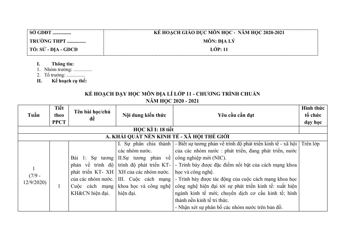Kế Hoạch Giáo Dục Môn Địa 11 Cả Năm