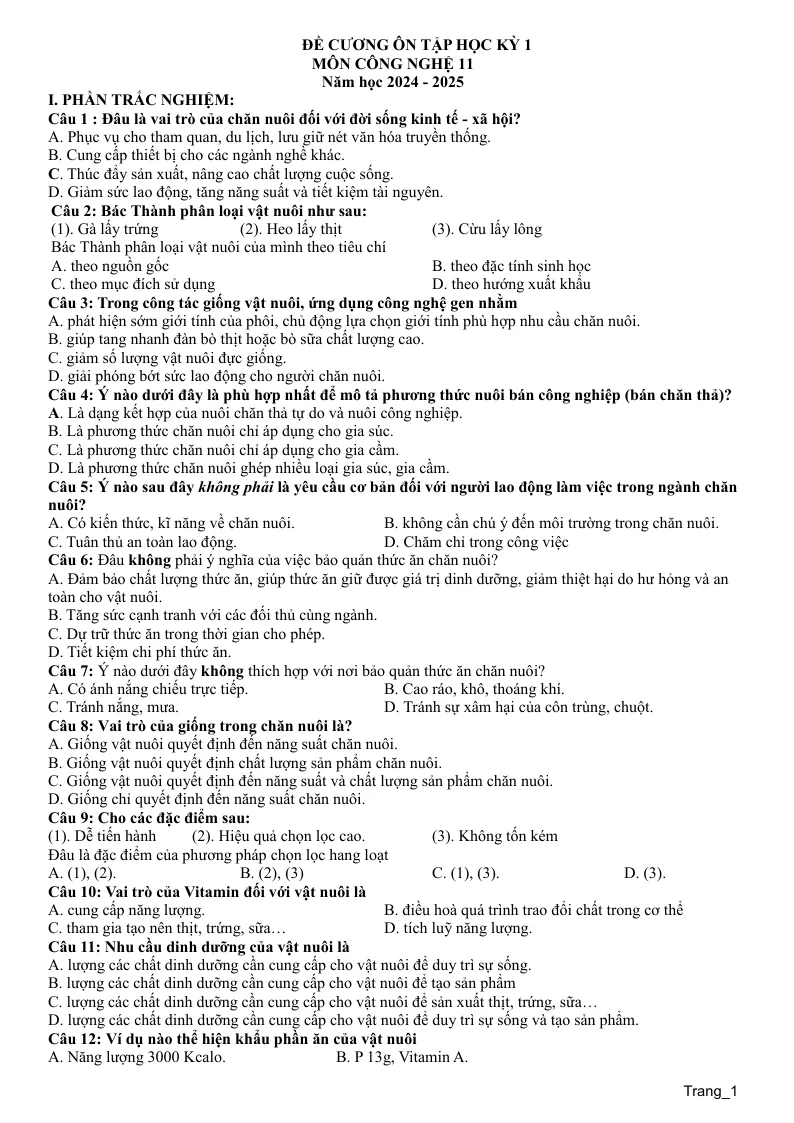 Đề Cương Ôn Tập HK1 Công Nghệ 11 2024 - 2025