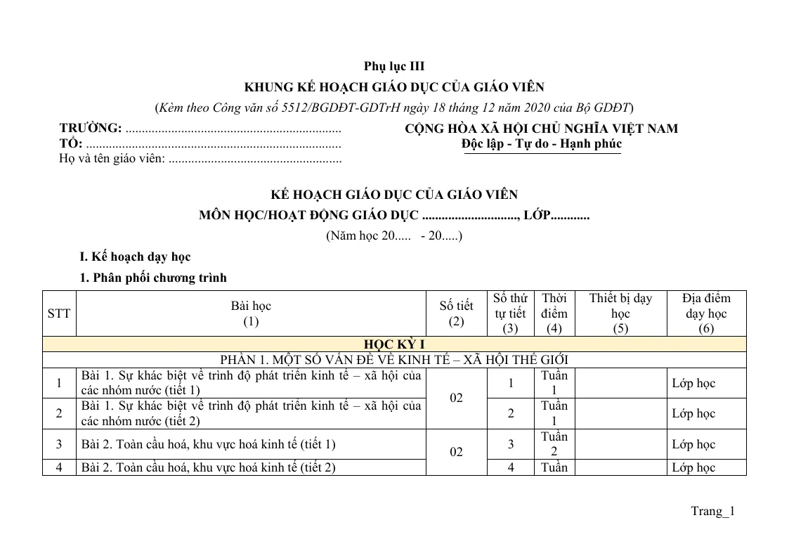 Kế Hoạch Giáo Dục Địa Lí 11 2023 - 2024