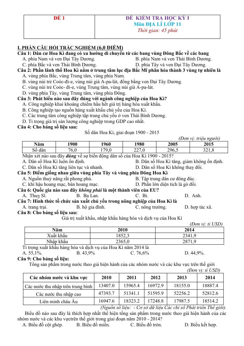 10 Đề Thi HK1 Địa Lí 11
