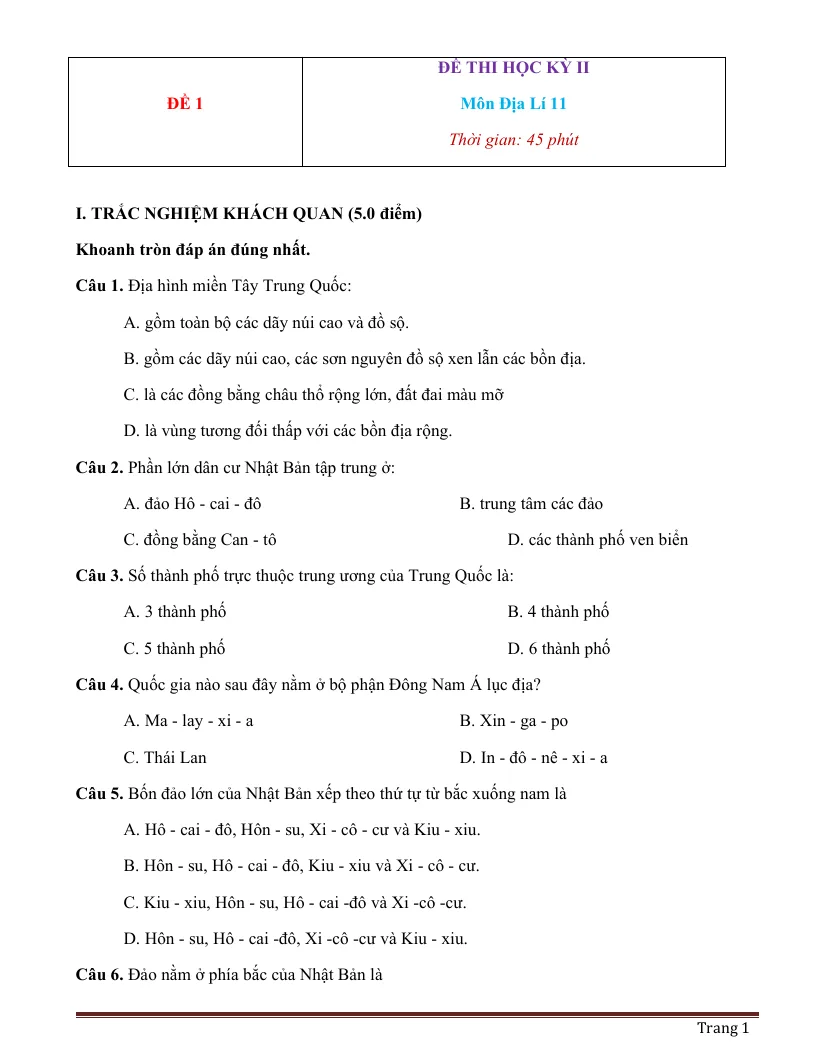 10 Đề Thi Học Kỳ 2 Môn Địa Lí Lớp 11