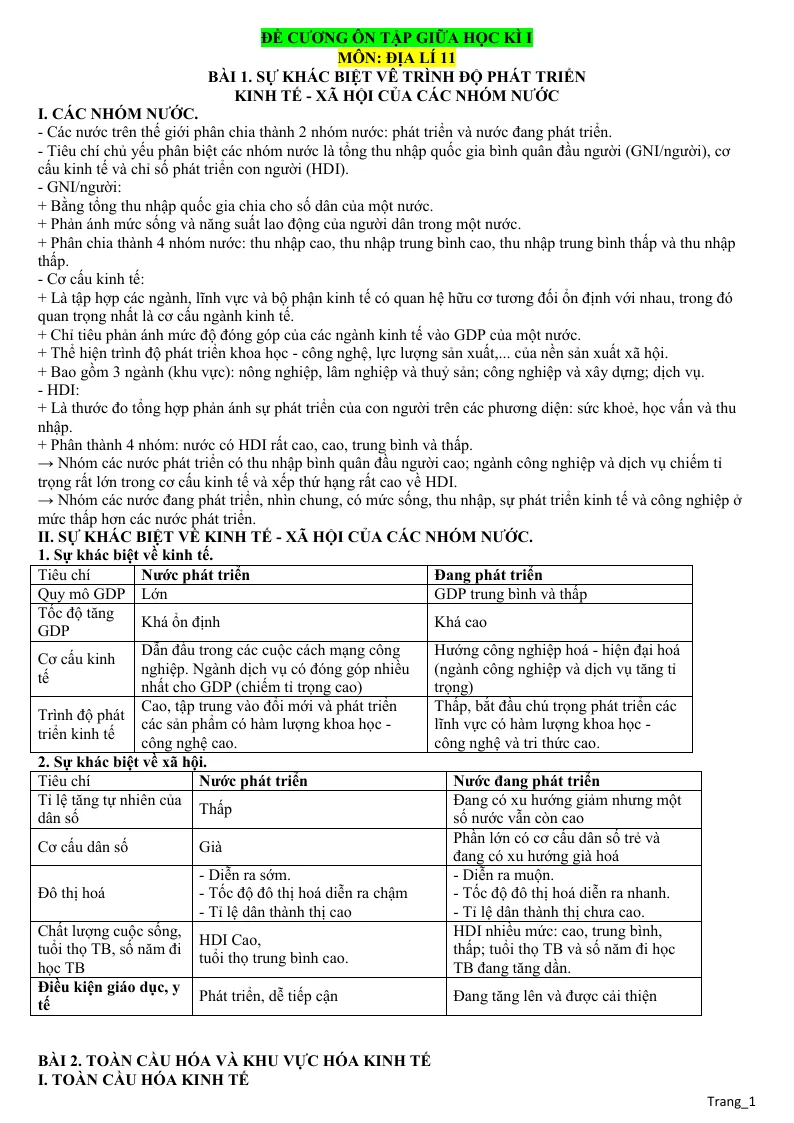 Đề Cương Ôn Giữa HK 1 Địa 11 Cấu Trúc Mới