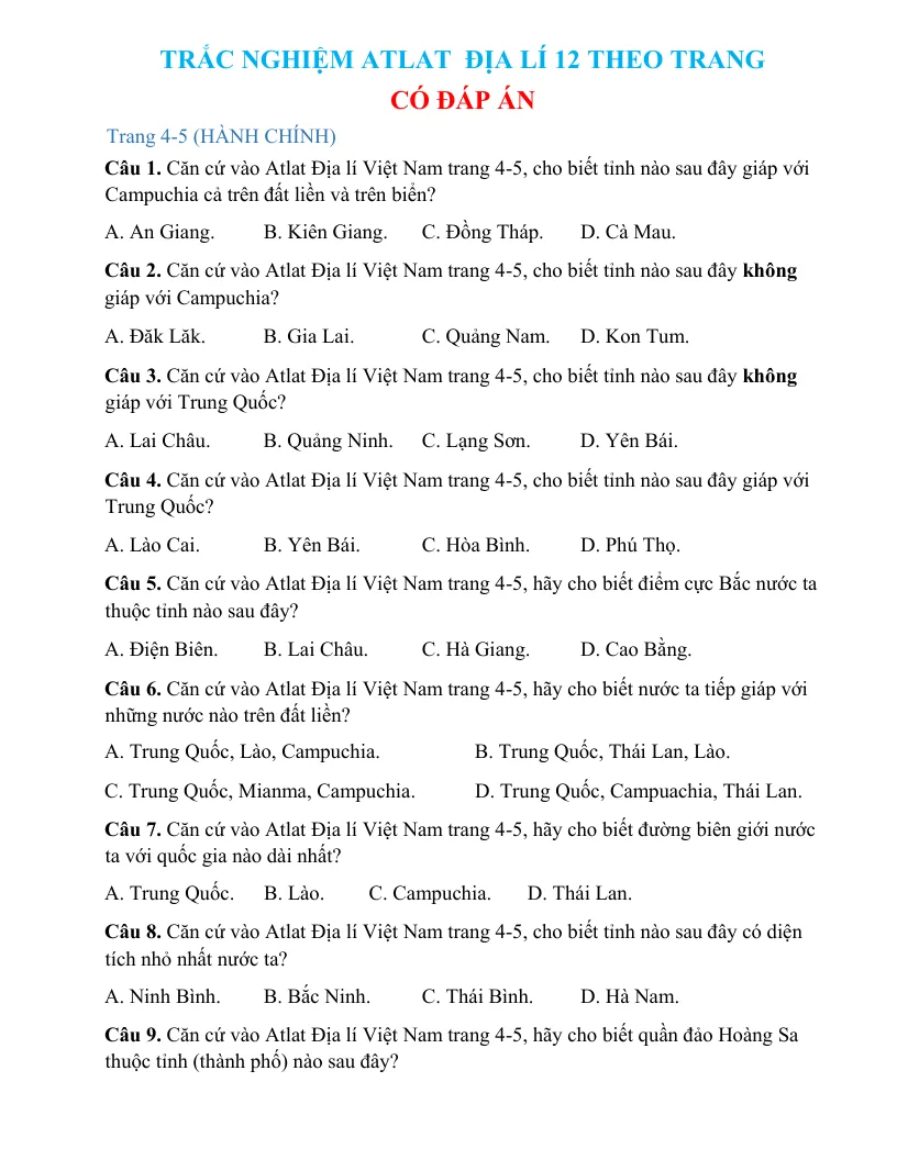 Trắc Nghiệm Atlat Địa Lí 12 Theo Trang