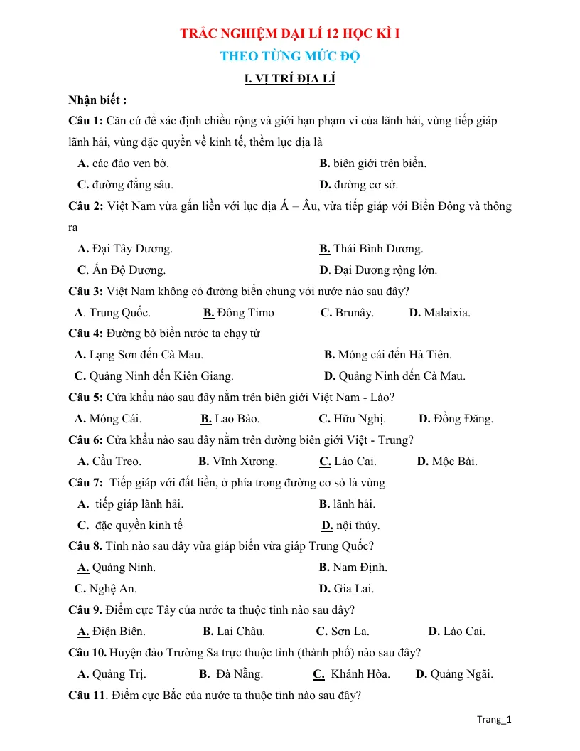 Trắc Nghiệm Ôn Tập Địa Lí 12 Theo Từng Mức Độ Học Kì 1