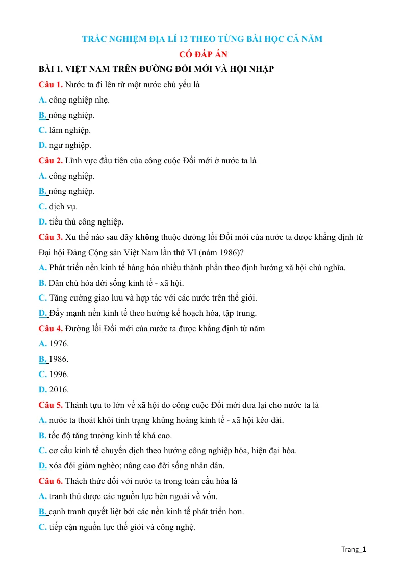 2000 Câu Trắc Nghiệm Địa Lí 12 Theo Từng Bài Học Cả Năm Có Đáp Án Rất Hay