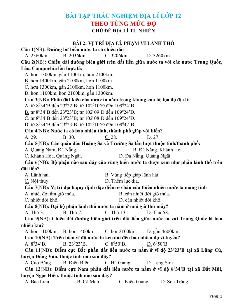 1000 Câu Trắc Nghiệm Địa Lí 12 Theo Từng Mức Độ
