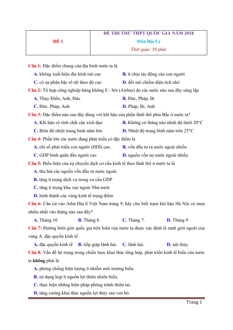 6 Đề Thi Thử THPT Quốc Gia Môn Địa Lý