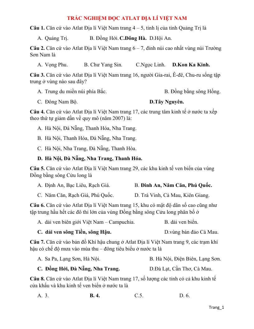 Trắc Nghiệm Đọc Atlat Địa Lí Việt Nam