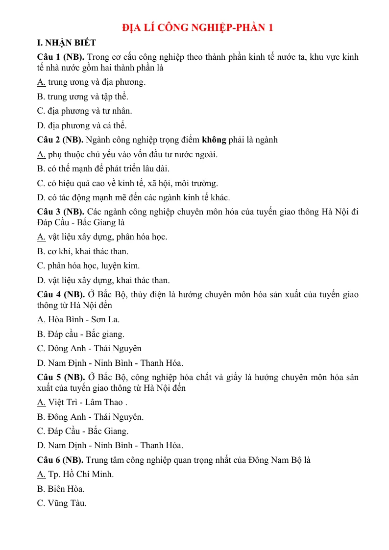 100 Câu Trắc Nghiệm Địa Lí Công Nghiệp Theo Từng Mức Độ