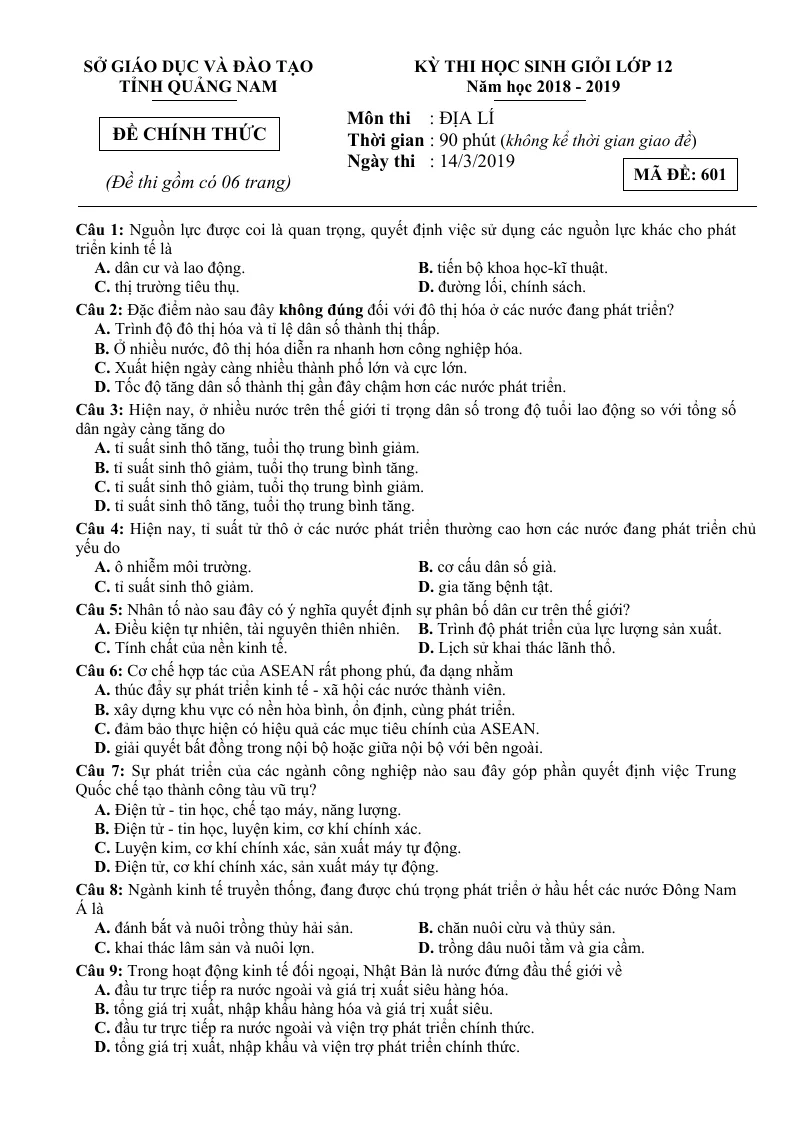 Đề Thi HSG Môn Địa 12 Tỉnh Quảng Nam 2019