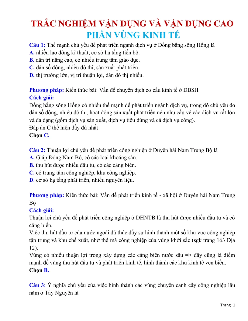 Trắc Nghiệm Vận Dụng Cao Địa Lí 12 Phần Vùng Kinh Tế Có Lời Giải Chi Tiết Và