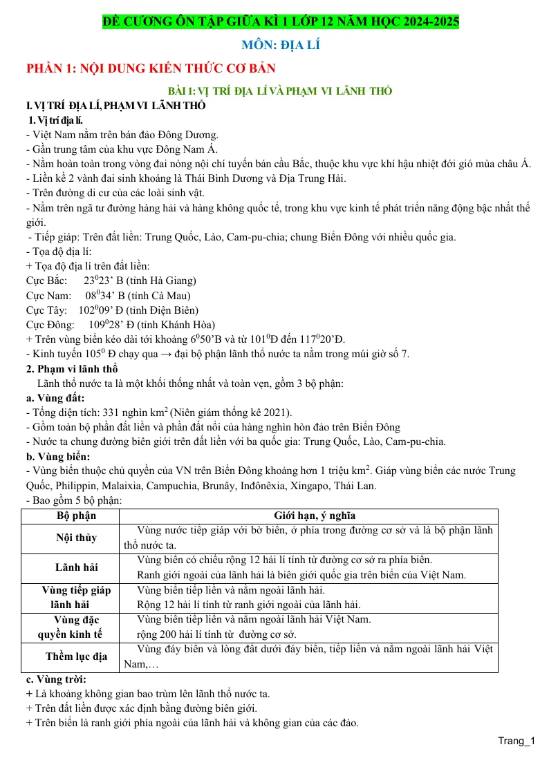 Đề Cương Ôn Tập Giữa HK 1 Địa 12 Cấu Trúc Mới