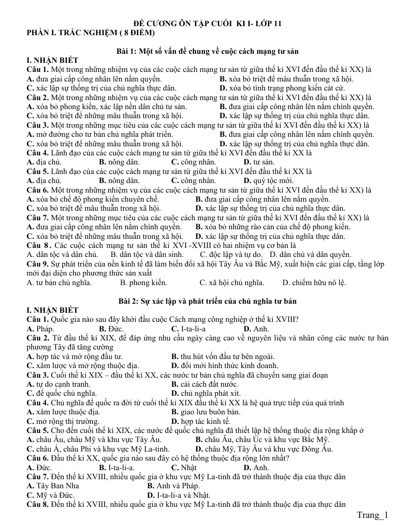 Đề Cương Ôn Tập HK1 Lịch Sử 11 2024 - 2025 Theo Từng Bài Học
