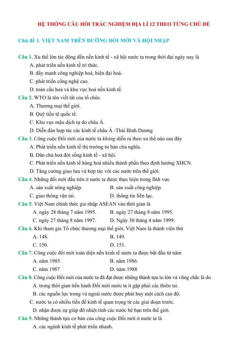 1050 Câu Trắc Nghiệm Địa Lí 12 Theo Từng Chủ Đề