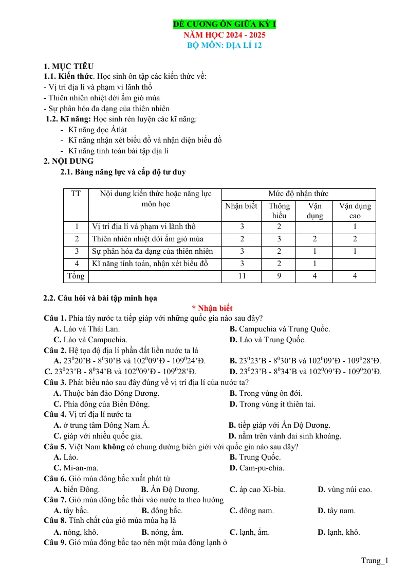 Đề Cương Ôn Tập Giữa Học Kỳ 1 Địa Lí 12 2024 - 2025