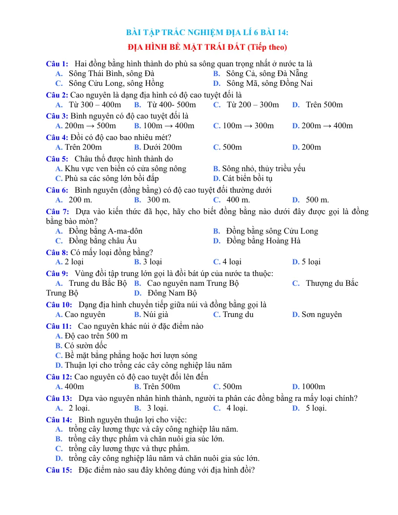 Trắc Nghiệm Địa 6 Bài 14: Địa Hình Bề Mặt Trái Đất (Tiếp Theo)