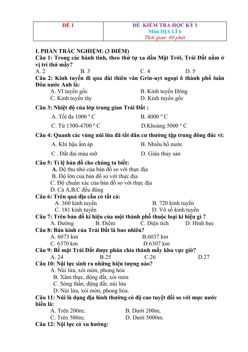 10 Đề Thi Học Kỳ 1 Môn Địa Lí 6