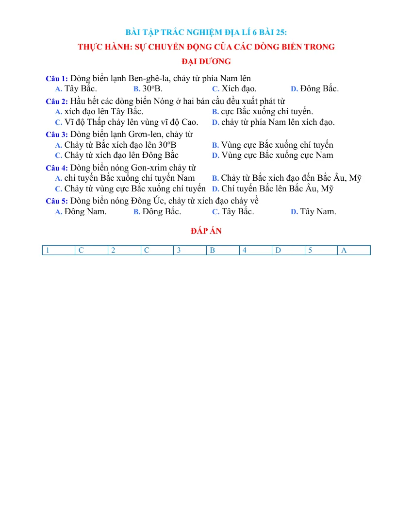 Trắc Nghiệm Địa 6 Bài 25: Thực Hành Sự Chuyển Động Của Các Dòng Biển Trong Đại Dương