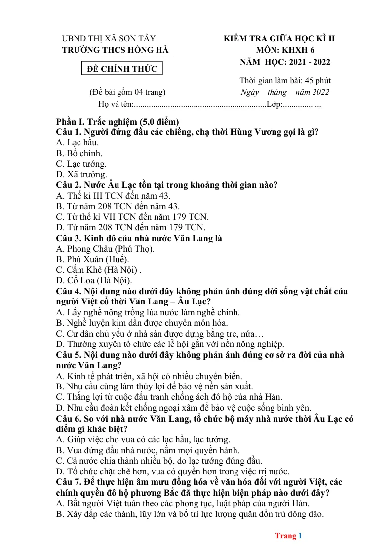 Đề Kiểm Tra Giữa Kì 2 Sử Địa 6 KNTT THCS Hồng Hà 21 - 22