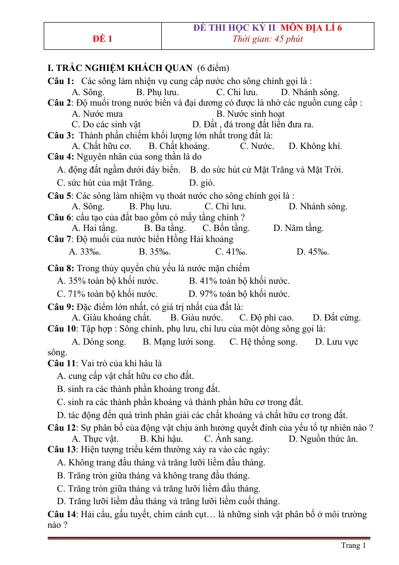 10 Đề Thi HK2 Môn Địa Lớp 6