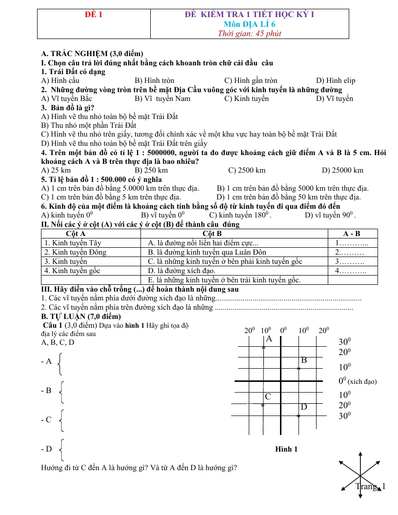 10 Đề Kiểm Tra 1 Tiết Địa 6 Học Kỳ 1