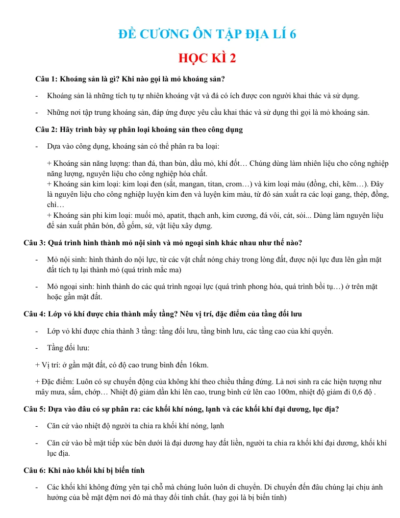 Đề Cương Ôn Tập Địa Lí 6 HK2