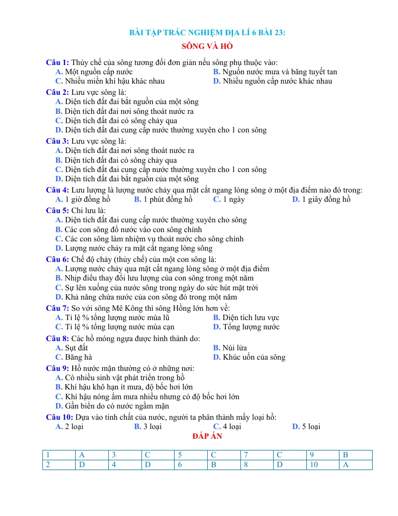 Trắc Nghiệm Địa 6 Bài 23: Sông Và Hồ