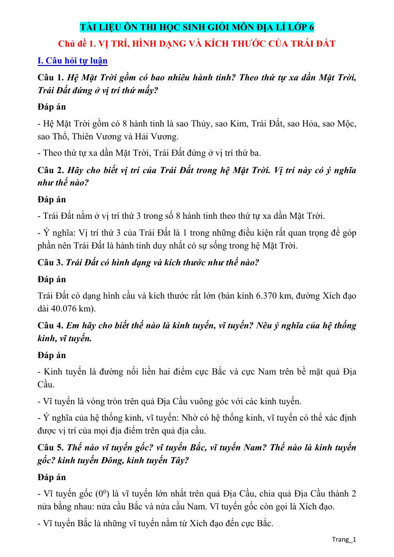 Tài Liệu Ôn Thi Học Sinh Giỏi Địa 6 Theo Từng Chủ Đề Sách Mới