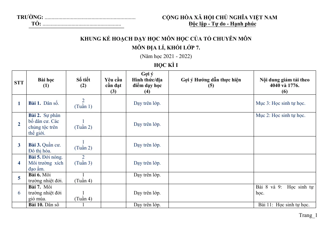 Kế Hoạch Dạy Học Địa Lí Lớp 7, 8, 9 Theo CV 4040