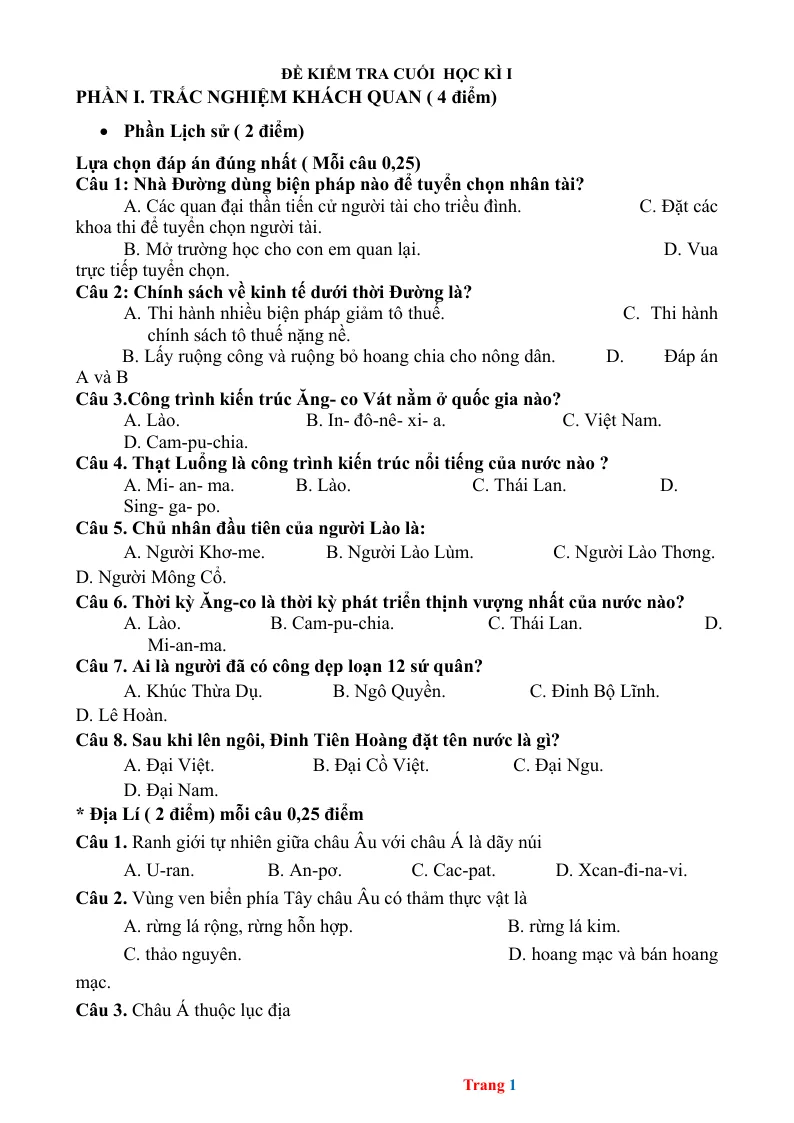 Đề Ôn Thi HK1 Lịch Sử Địa Lí 7 Có Đáp Án - Đề 2