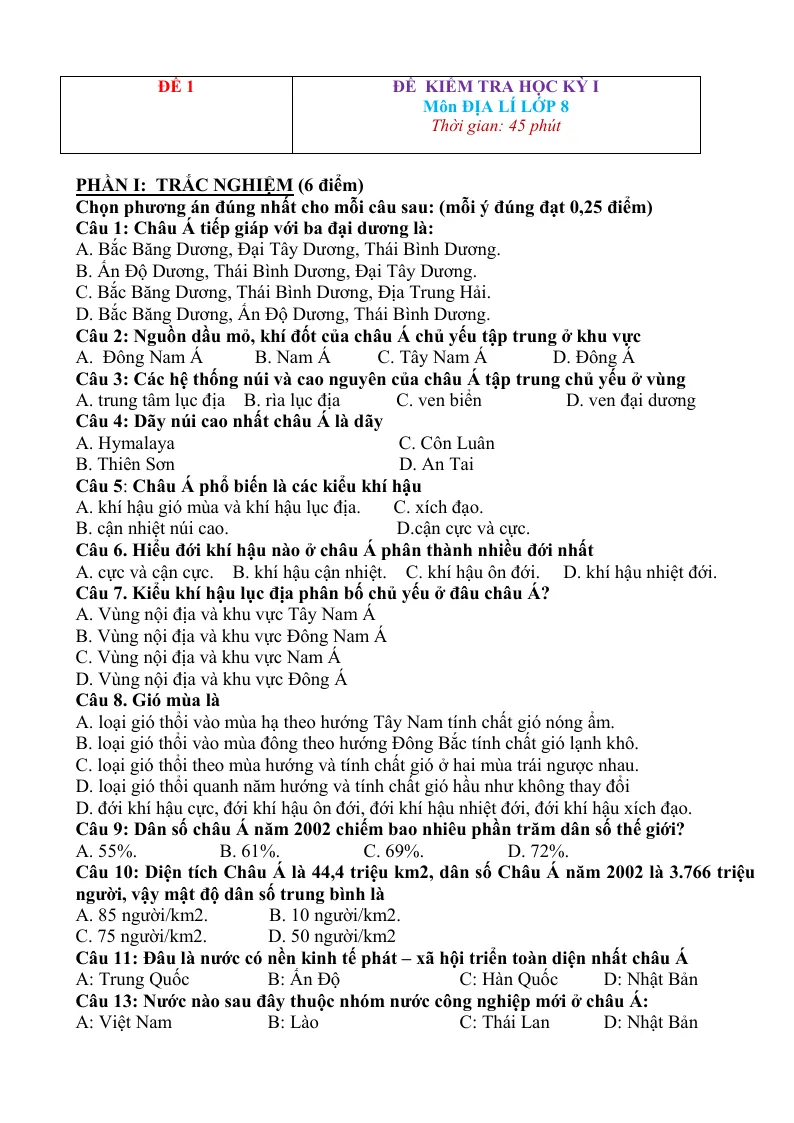 20 Đề Thi HK1 Địa Lí 8