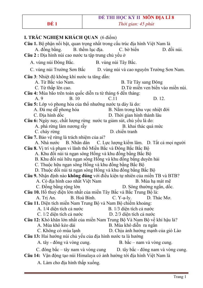 10 Đề Thi HK2 Môn Địa Lí 8