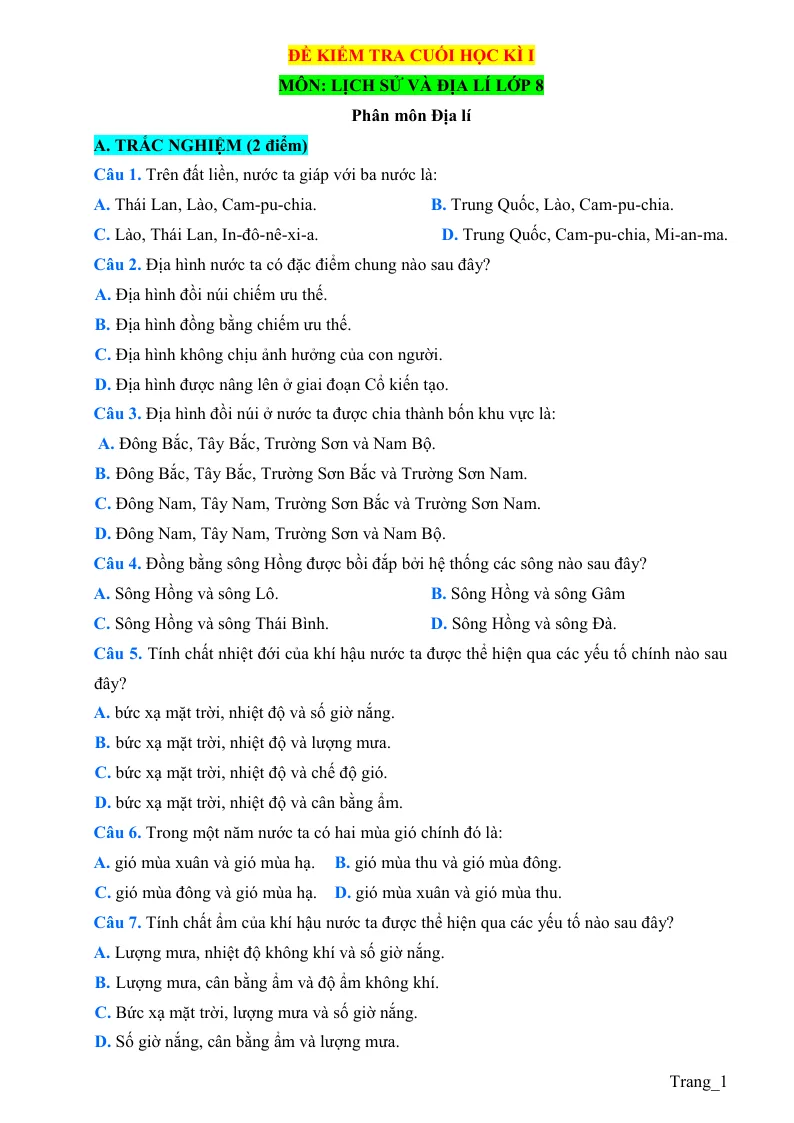 Đề Thi Học Kỳ 1 Địa Lí 8