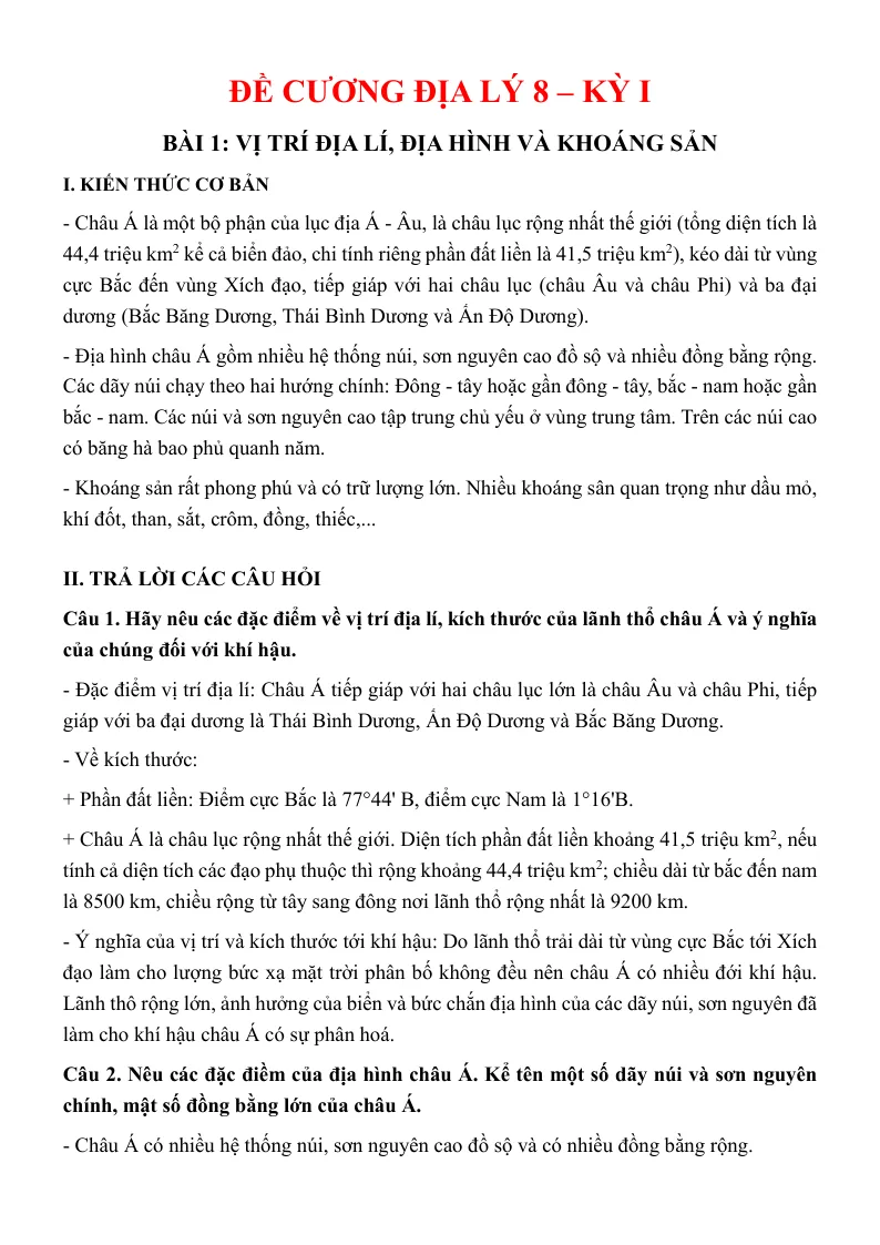 Đề Cương Ôn Thi Địa Lí 8 Học Kỳ 1