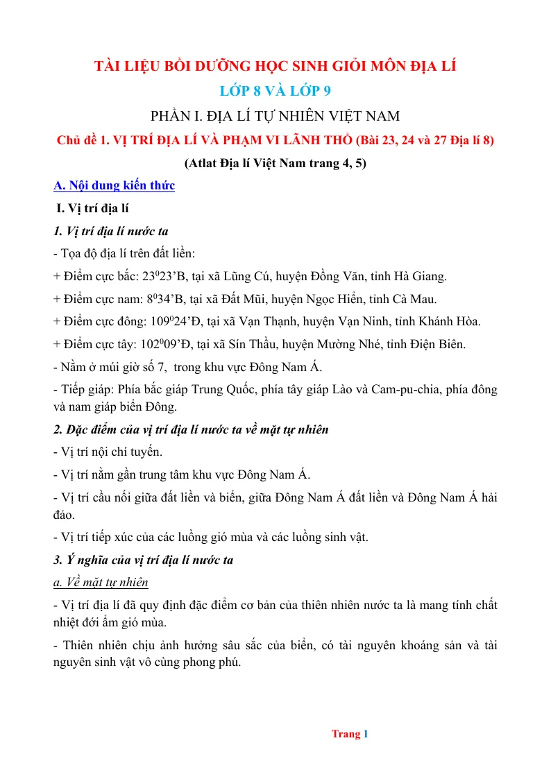 Tài Liệu Bồi Dưỡng Học Sinh Giỏi Địa 8 Và 9 Theo Từng Chủ Đề