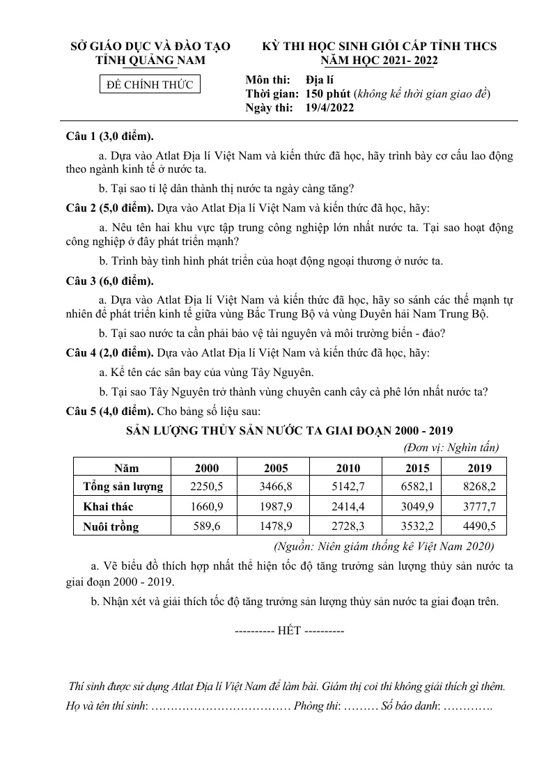 Đề Thi Học Sinh Giỏi Môn Địa Lí 9 Tỉnh Quảng Nam 2021 - 2022