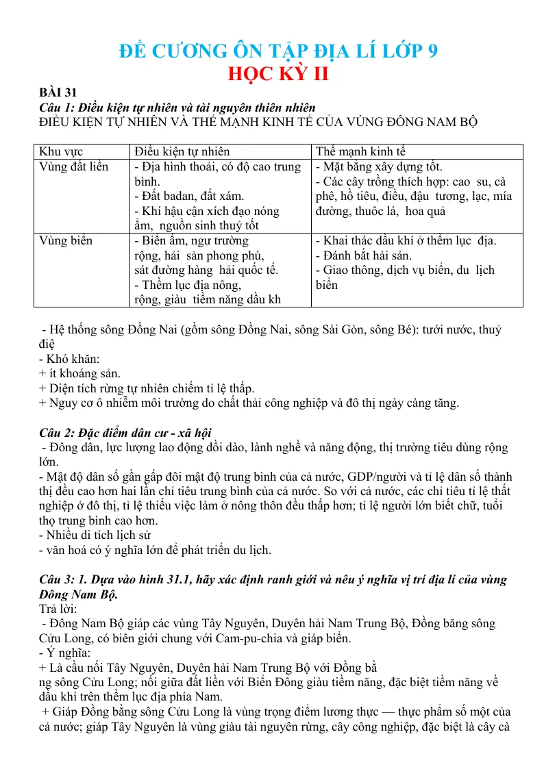 Đề Cương Ôn Tập Địa Lí 9 HK2 Theo Từng Bài Học