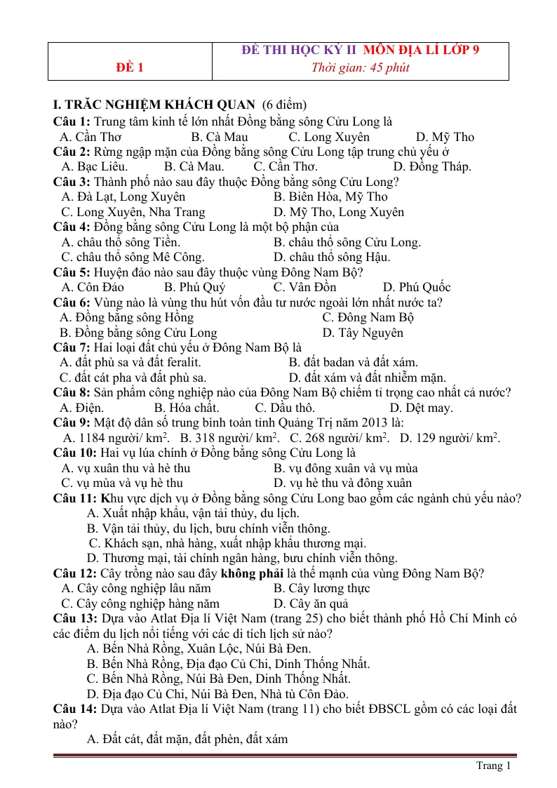 10 Đề Thi Học Kỳ 2 Địa Lí 9