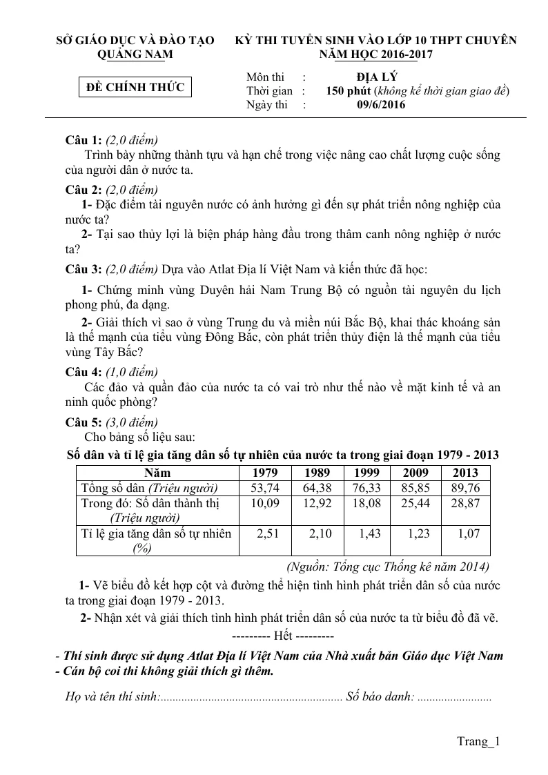 Đề Tuyển Sinh 10 Môn Địa Lí Chuyên Sở GD Quảng Nam 2016 - 2017