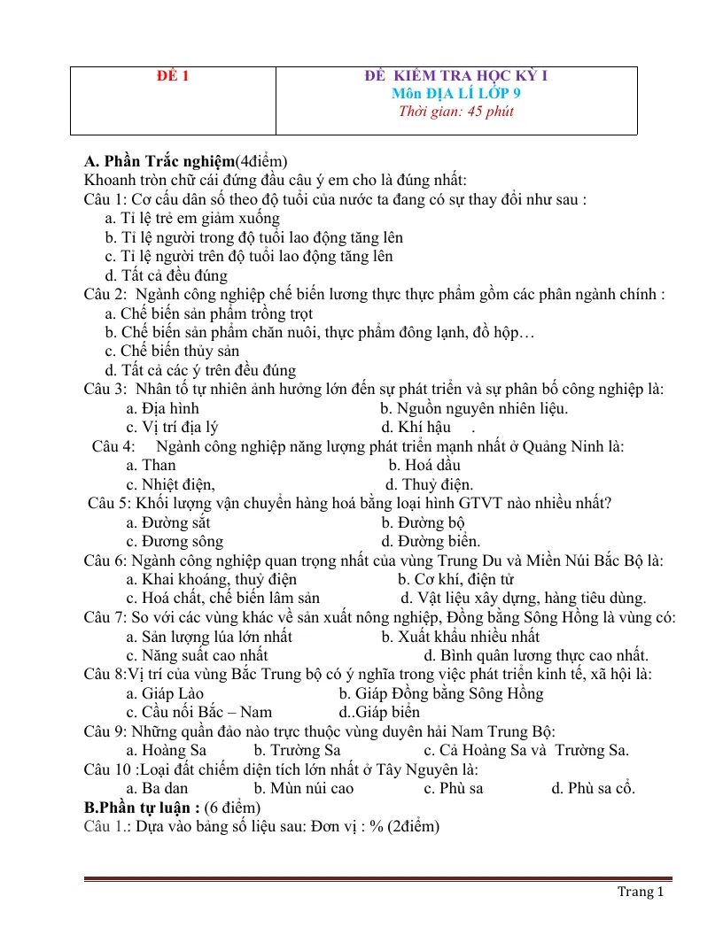 20 Đề Thi HK1 Địa Lí 9
