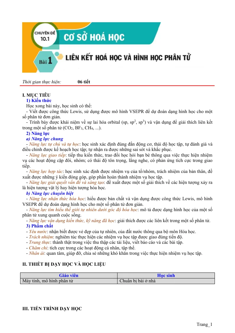 Giáo Án Chuyên Đề Học Tập Hóa 10 Cả Năm