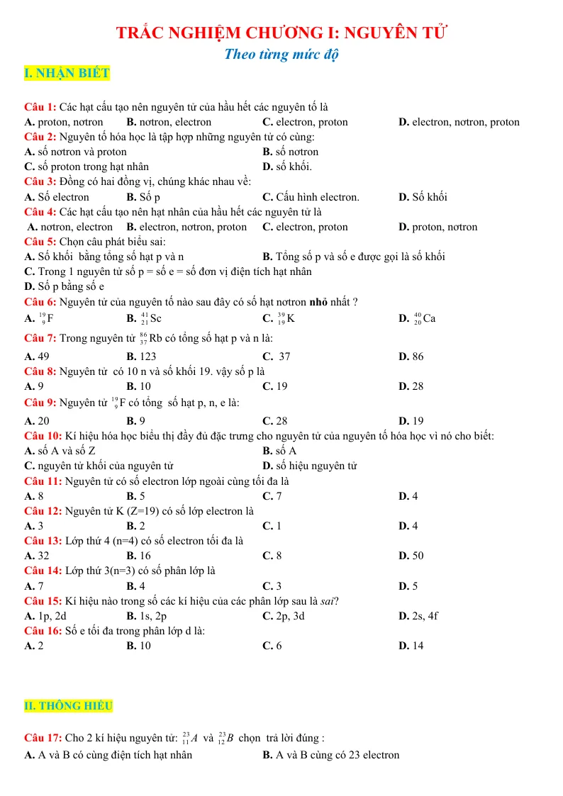 40 Câu Trắc Nghiệm Chương Nguyên Tử Có Đáp Án Theo Từng Mức Độ