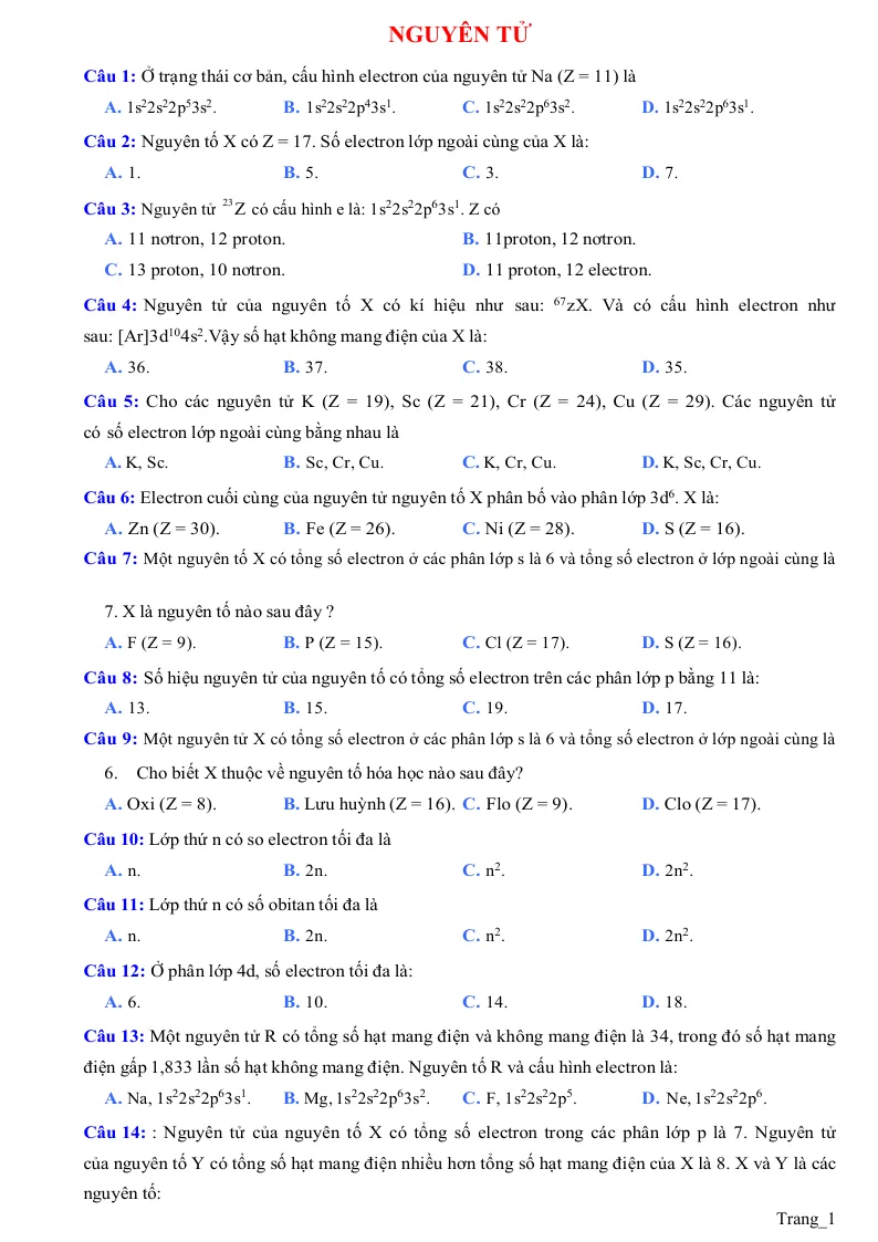 100 Câu Trắc Nghiệm Nguyên Tử Hóa Học