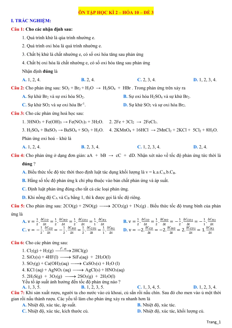 Đề Ôn Thi Học Kỳ 2 Hóa 10 - Đề 3