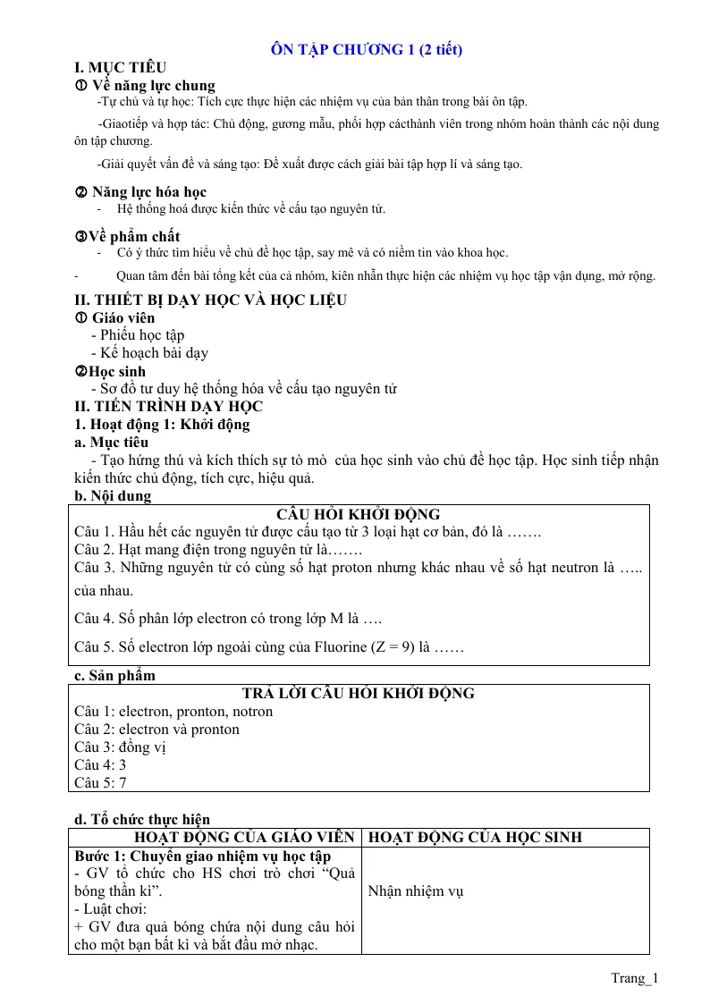 Giáo Án Hóa 10 CTST Bài Ôn Chương 1 Cấu Tạo Nguyên Tử